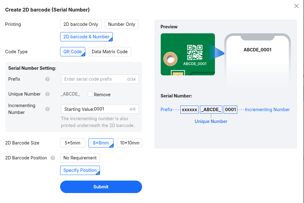 JLCPCB 2D barcode and serial number order form