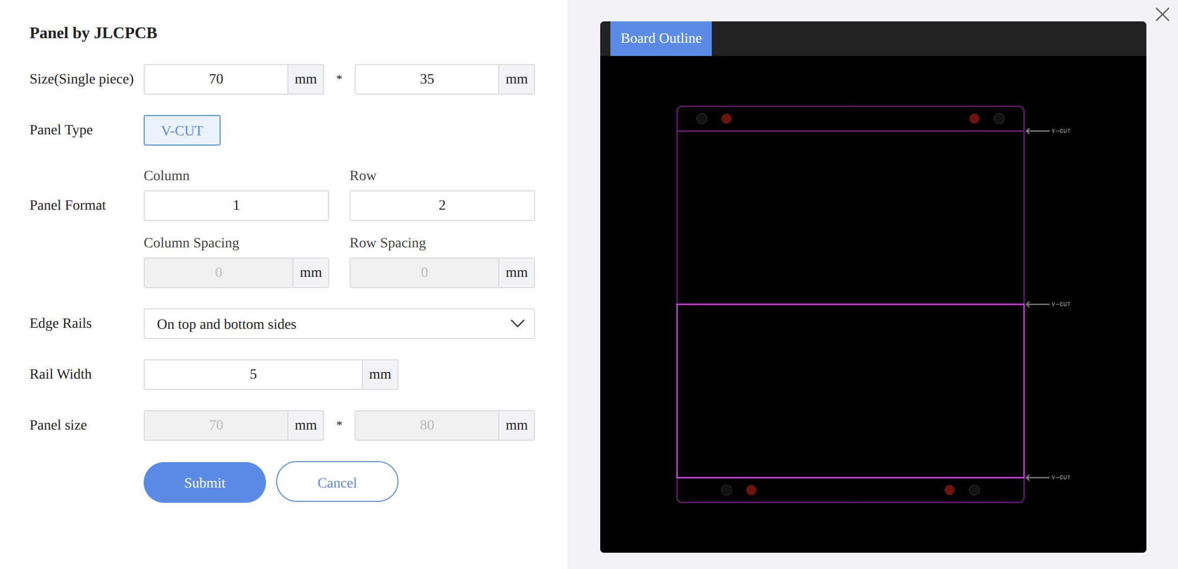 JLCPCB panel form with two 70 × 35 mm boards stacked in one column and 5 mm edge rails on the top and bottom sides
