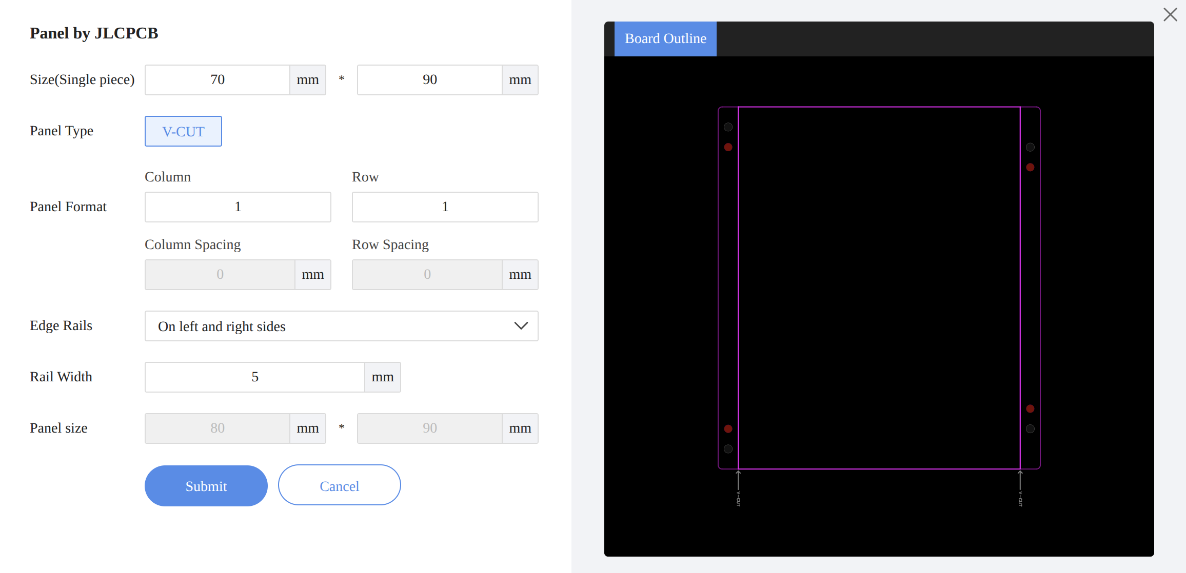 JLCPCB panel form with 5 mm edge rails on the left and right sides of the board
